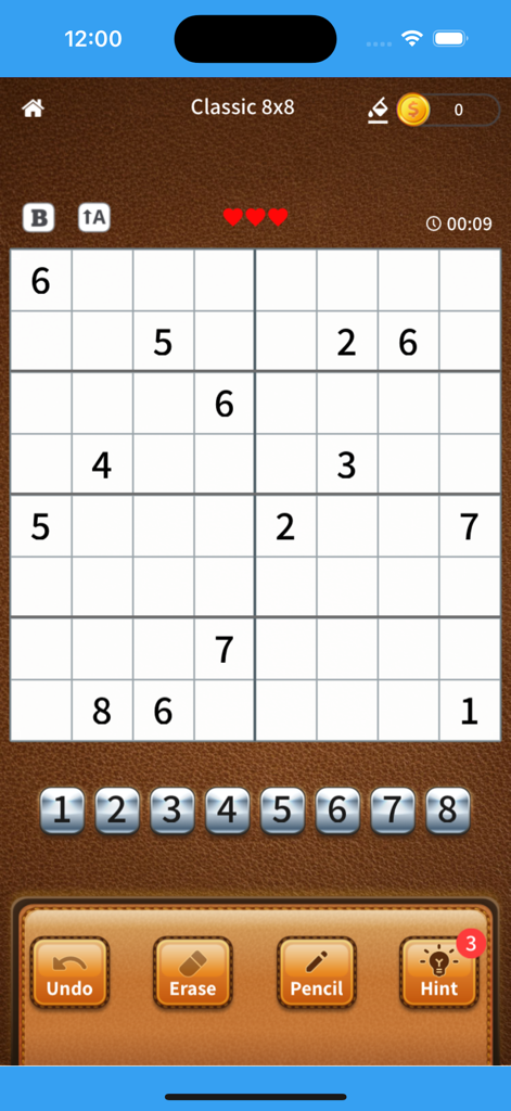 Sudoku Plus: Classic & Killer - Gameplay of Sudoku Plus showing a classic 8x8 grid with a brown textured theme