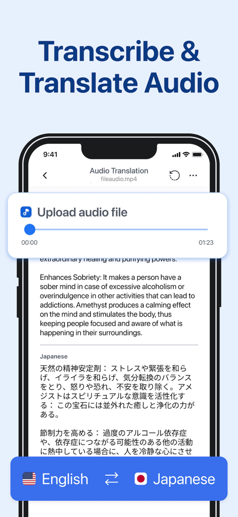 Photo Translator AI - Smartphone screen showing audio transcription and translation feature from English to Japanese