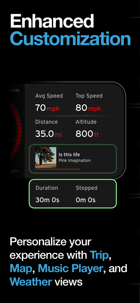 GPS speedometer app interface with trip statistics and integrated music player