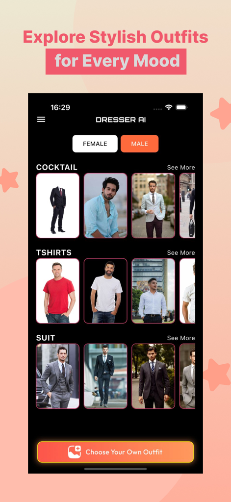 AI Outfit Swap app interface showing male clothing categories including cocktail outfits, t-shirts, and suits.