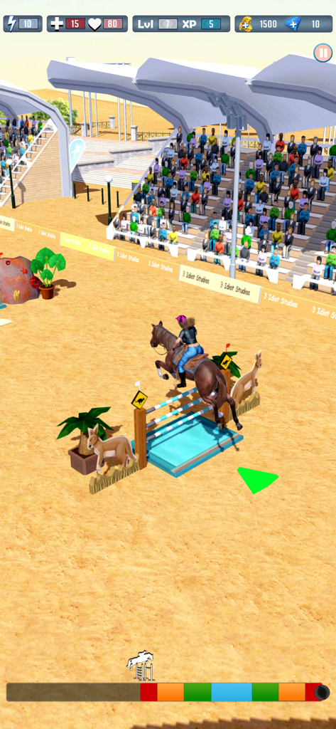 Wild Horse Riding: Horse Games - A brown horse and rider jumping over a hurdle in a stadium during a show jumping competition.