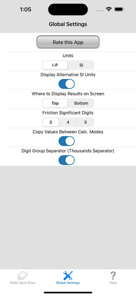 HVAC Duct Sizer - Global Settings screen of the HVAC Duct Sizer app showing unit selection and display preferences