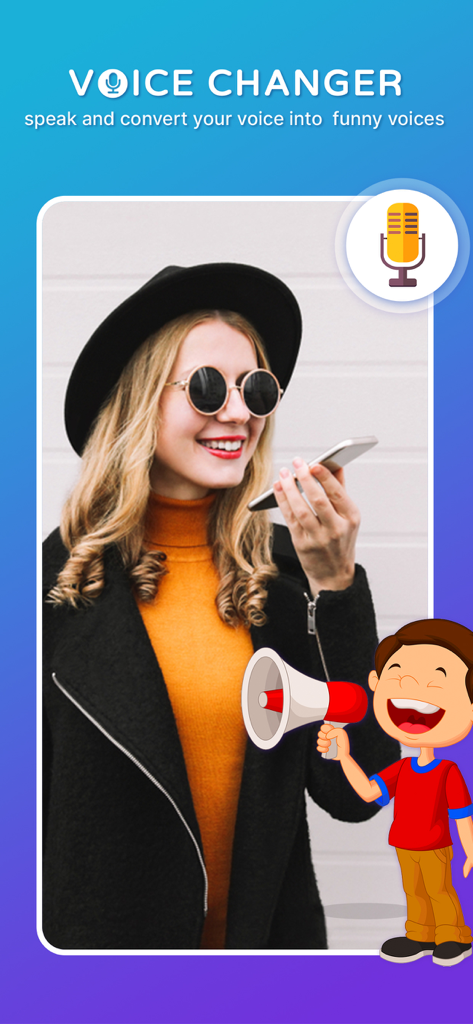Voice Changer - Voice Effect - A woman recording a voice message on her phone with a cartoon boy holding a megaphone, promoting voice conversion to funny voices.