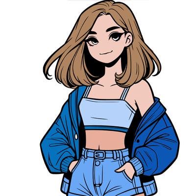 a realistic girl with a crop top and short shorts in an open jacket