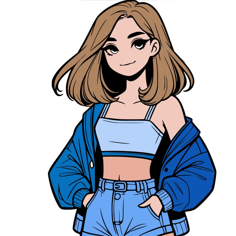 a realistic girl with a crop top and short shorts in an open jacket
