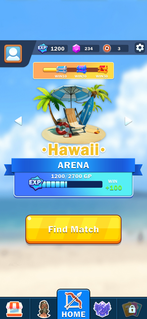 Archery Master: Hero Clash 3d - Pantalla del menú principal de Archery Master Hero Clash 3D mostrando la selección de la Arena de Hawái