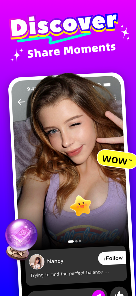 Studa：Adult Friends，Video Call - Studa app social discovery screen showing a user profile and crystal ball icon