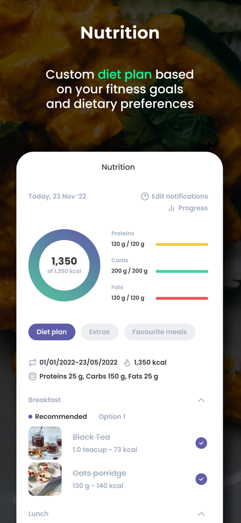 MyHealthBuddy 앱 인터페이스에 표시되는 칼로리 및 매크로 추적 기능이 포함된 맞춤형 영양 계획.