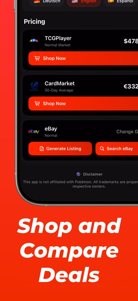 Eyevo TCG ‒ Card Scanner - Price comparison interface in Eyevo TCG Scanner showing market rates from TCGPlayer CardMarket and eBay