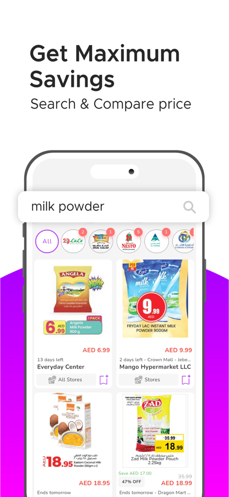 D4D Shopping Offers & Coupons - D4D App-Bildschirm mit Suche und Preisvergleich für Milchpulver bei Hypermärkten im Nahen Osten wie LuLu und Nesto