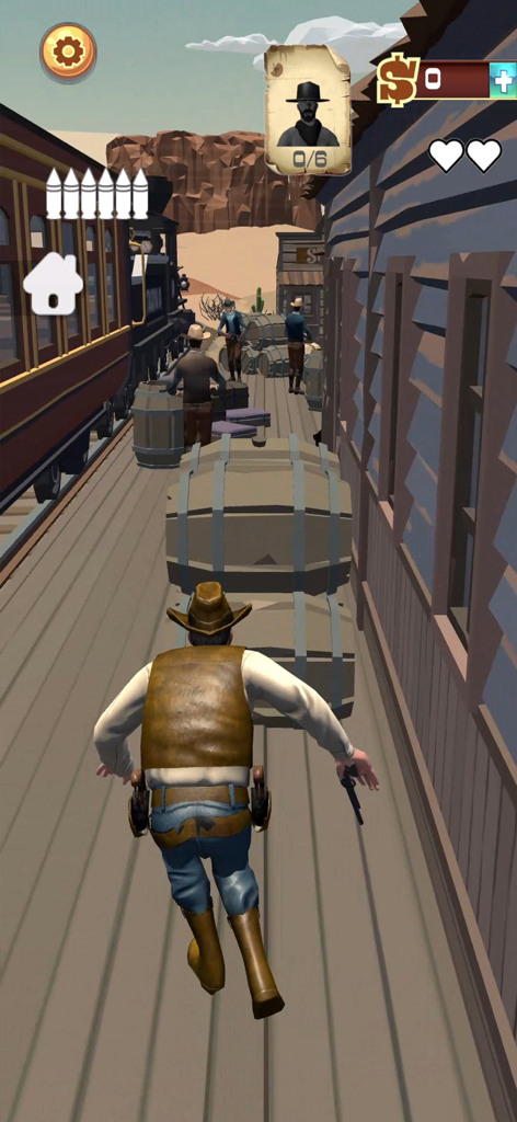 Wild West Cowboy Redemption - Un personaje vaquero corriendo sobre una plataforma de madera junto a un tren en un juego de disparos del oeste