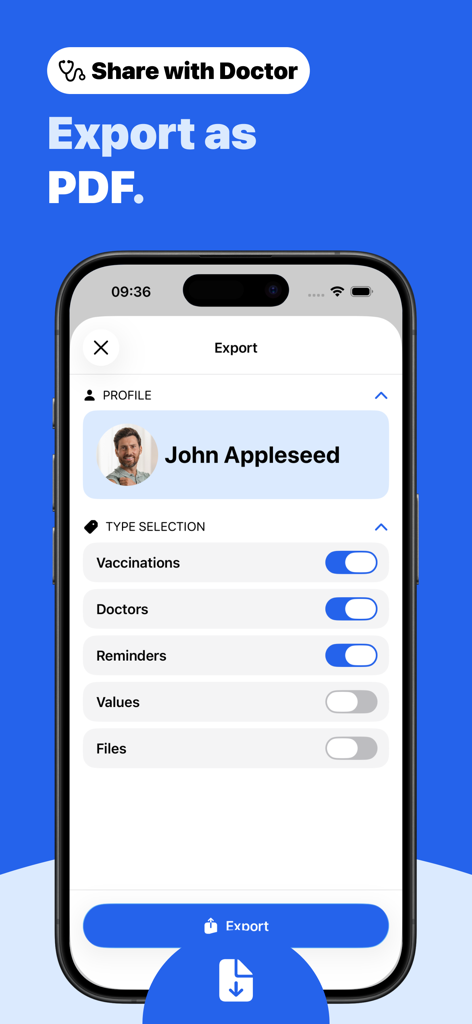 Immunization Record – Vaccy - Vaccy app screen for exporting immunization records as a PDF file