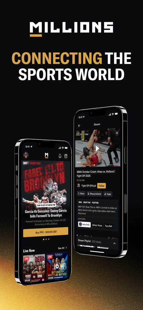 Millions app interface showing live sports streaming and commerce features like PPV and shopping