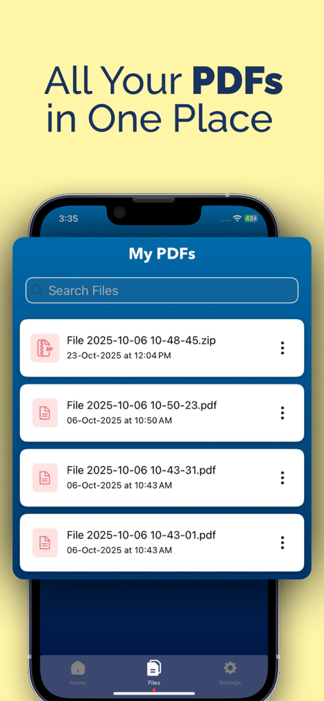 PDF Photos - JPG to PDF - Una pantalla de smartphone que muestra una lista de archivos PDF organizados dentro de la aplicación PDF Photos