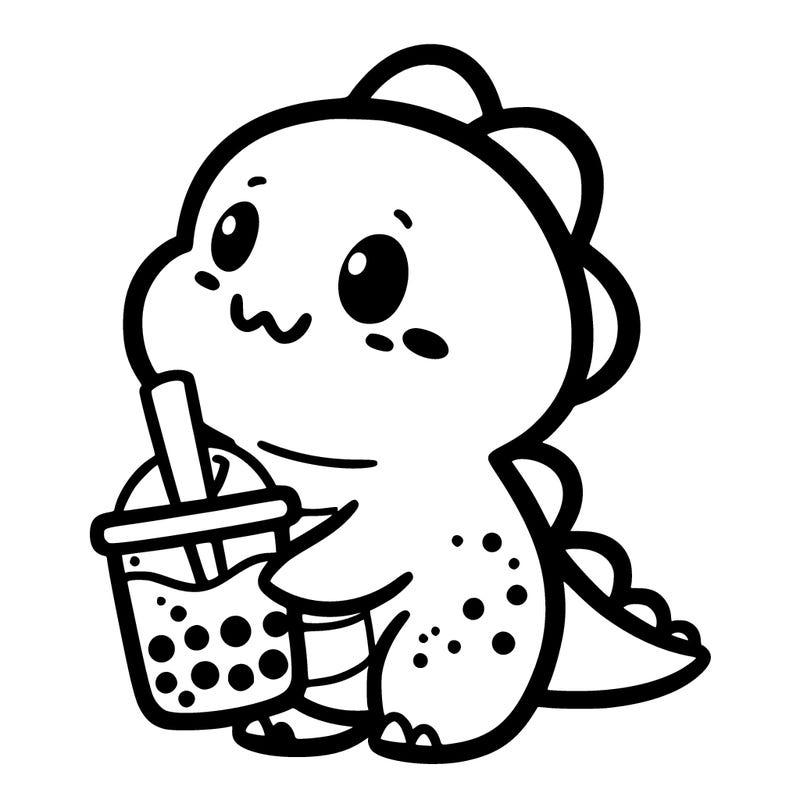 a kawaii dinosaur holding boba tea