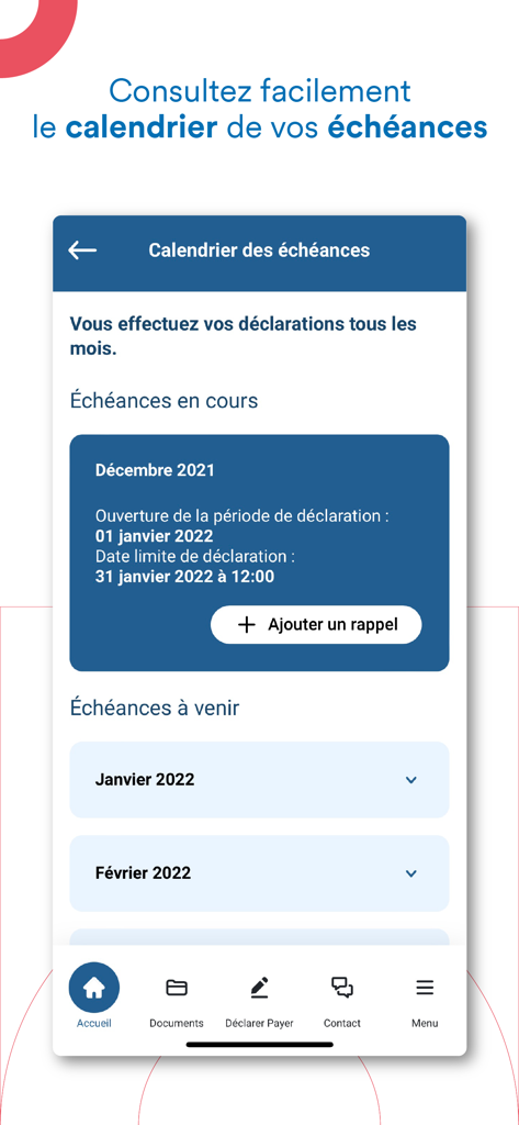 AutoEntrepreneur Urssaf - Écran du calendrier des échéances de l'application mobile AutoEntrepreneur Urssaf montrant les dates de déclaration mensuelle.