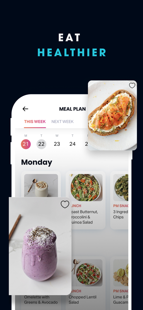 FitOn Workouts & Fitness Plans - FitOn app interface showing a personalized meal plan with healthy food recipes