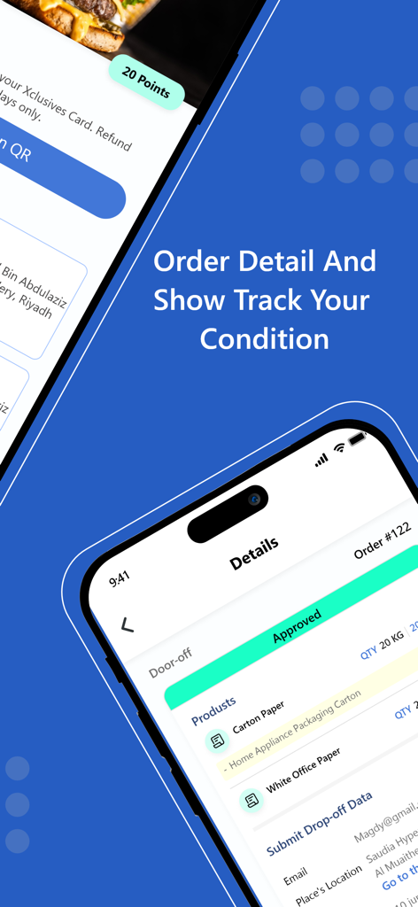 Pantalla de la aplicación Olar que muestra los detalles del pedido de reciclaje y el estado del seguimiento.