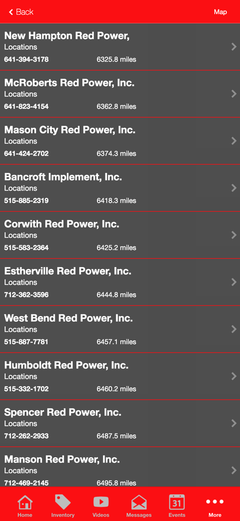 A list of Red Power Team dealership locations in Iowa showing names phone numbers and distances