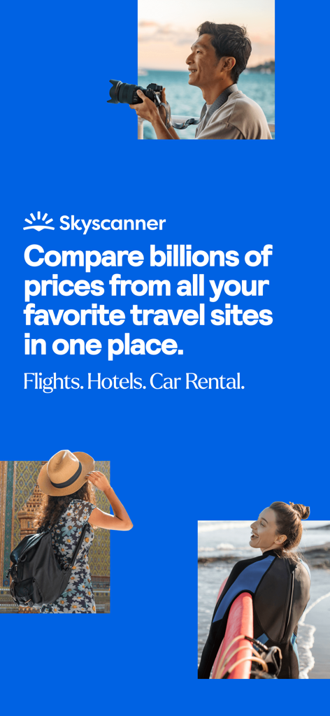 Skyscanner app promotion showing travel price comparison for flights hotels and car rentals