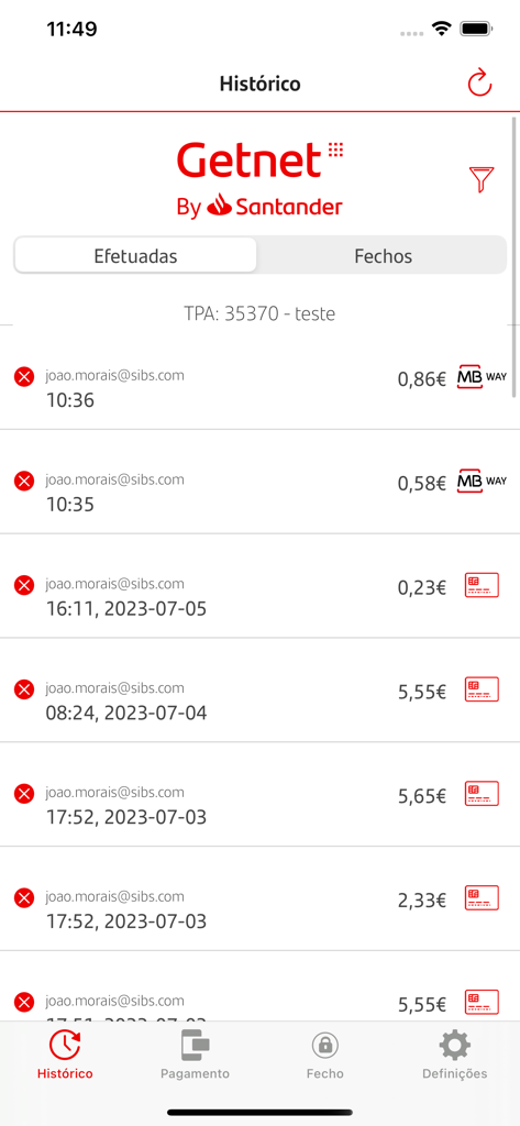 Get Mini - Transaction history list in the Get Mini mobile app showing payment records for MB WAY and card transactions