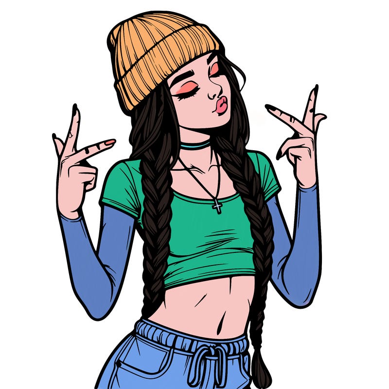 realistic teenage girl with braids and a beanie and crop top doing 🫶🏼