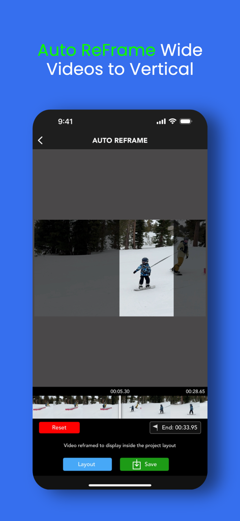 Screenshot of UpRes app showing the AI auto reframe feature converting a wide snowboarding video into a vertical format for social media.