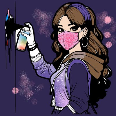 realistic girl with mask spray painting a wall