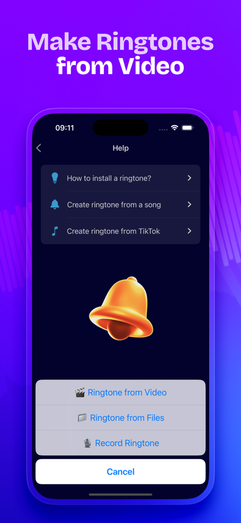 Ringtone Maker: SnapTone - SnapTone着信音メーカーアプリのインターフェース。ビデオ、ファイル、TikTokオーディオからカスタム着信音を作成するオプションを表示