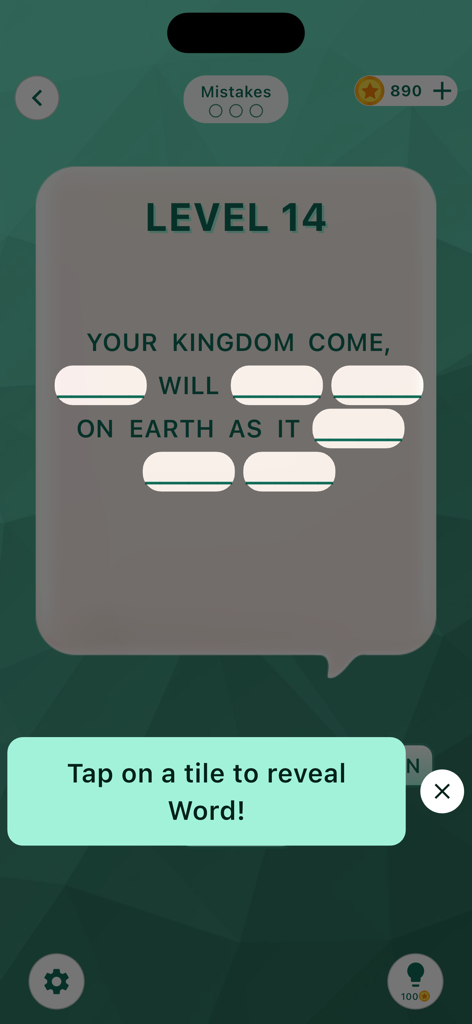 Bible Game - Verses God's Word - Bible verse puzzle game level showing a fill-in-the-blanks scripture