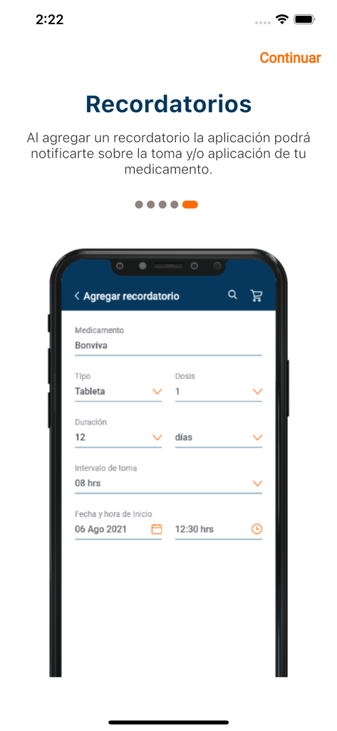 Farmacias Especializadas - Función de recordatorios de medicamentos en la aplicación Farmacias Especializadas que muestra un formulario para programar dosis de medicamentos y notificaciones.