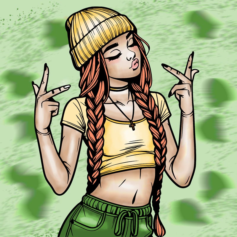 realistic teenage girl with braids and a beanie and crop top doing 🫶🏼