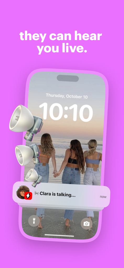 iPhone lock screen showing a live voice notification from the ten ten app with the caption they can hear you live