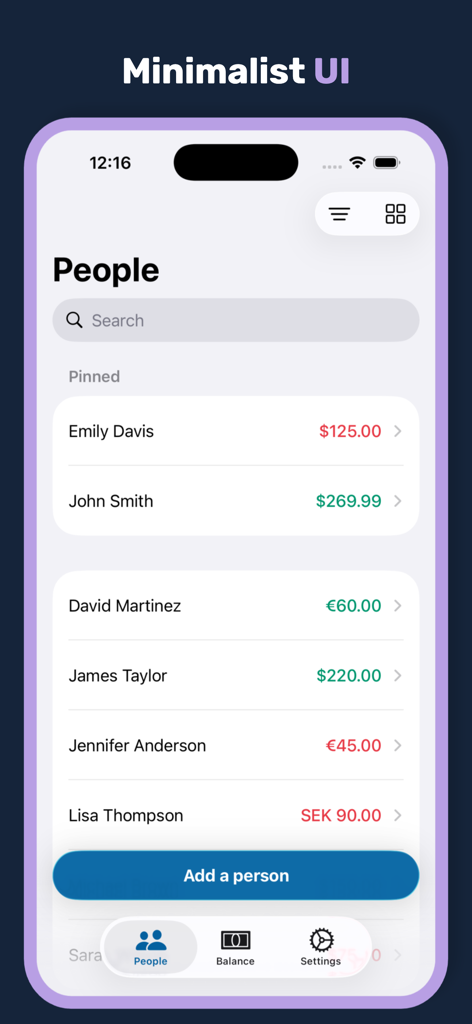 Minimalist UI of the Debty app showing a list of people and debt balances