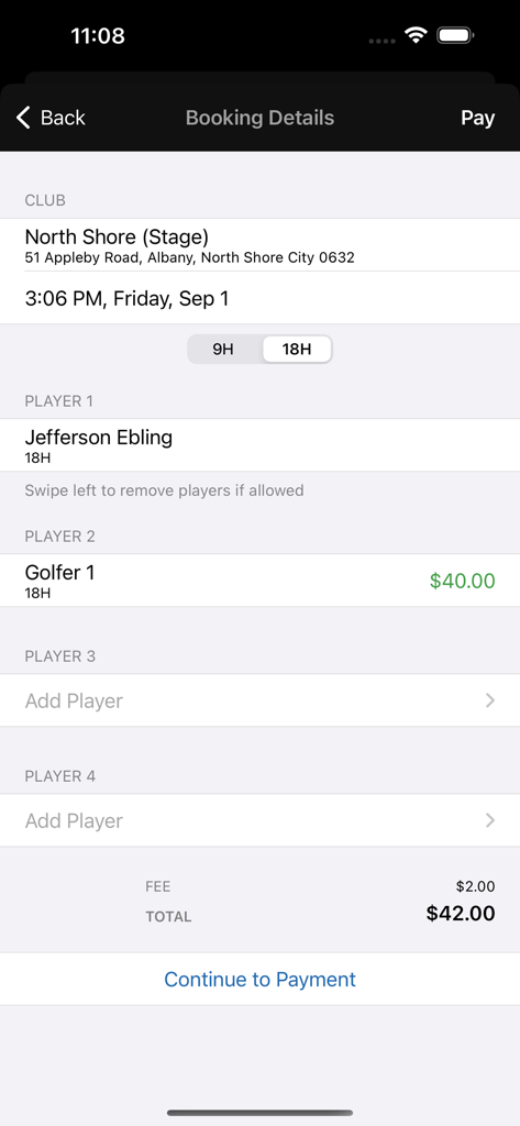 Screen showing golf booking details including player names tee time and total cost in the Golf NZ app