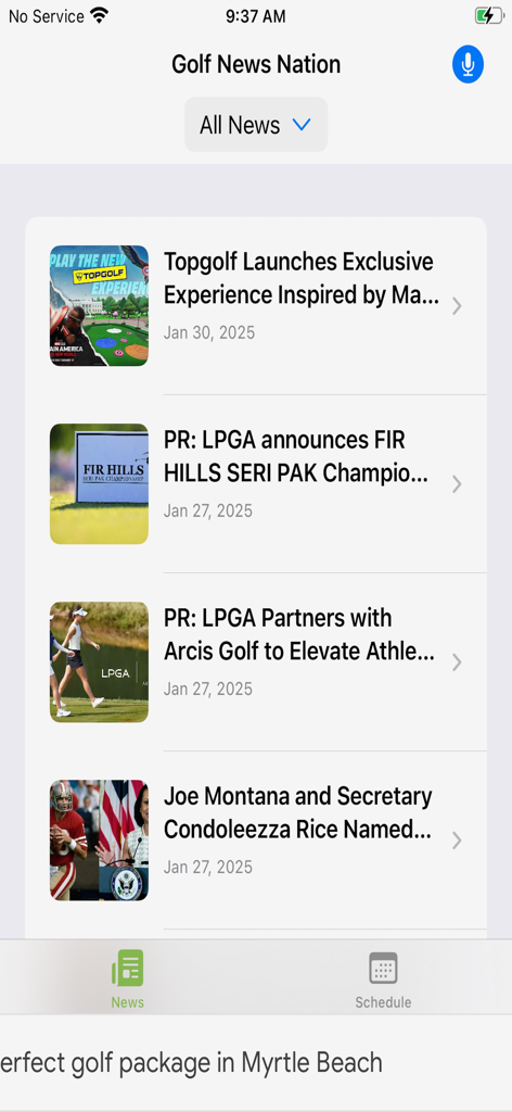 Golf News Nation - Screenshot do feed de notícias do aplicativo Golf News Nation com artigos sobre Topgolf e torneios da LPGA