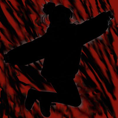 realistic girl jumping with a bun and oversized sweatshirt