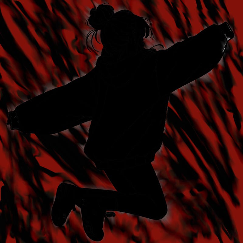 realistic girl jumping with a bun and oversized sweatshirt