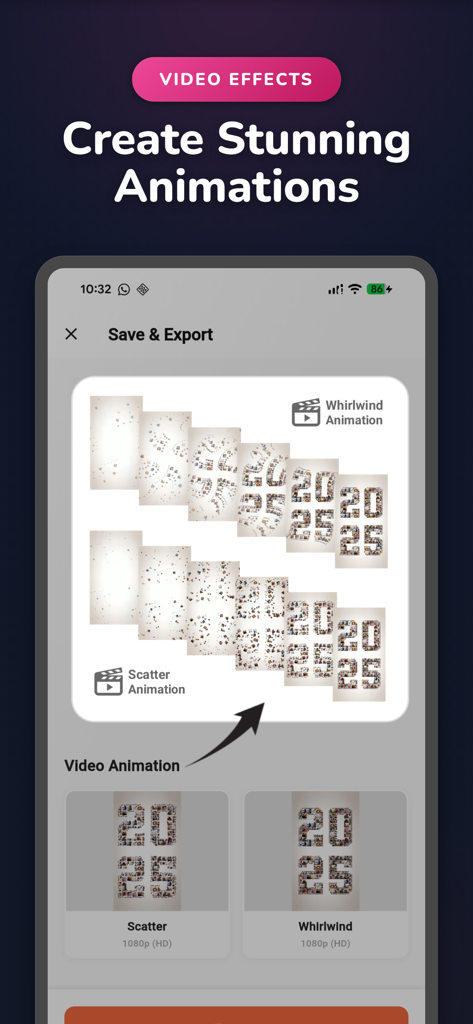 Phinsh Photo Collage Maker - Phinsh app screen showcasing video animation effects like whirlwind and scatter for photo collages