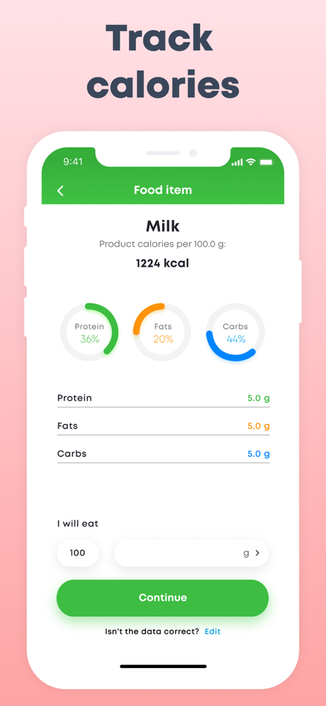 ScanFood app interface showing calorie and macronutrient tracking for milk