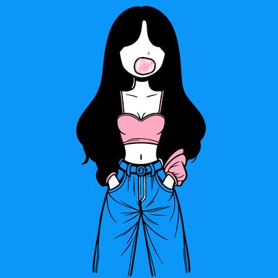 girl with long hair baggy jeans and a crop top no mouth