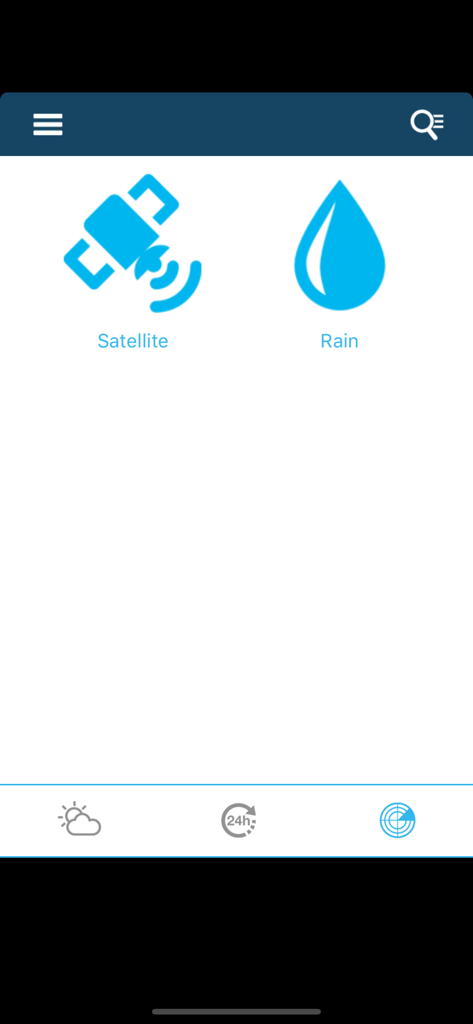 Menu dell'app Meteo per l'Australia con icone di selezione per satellite e mappa pioggia