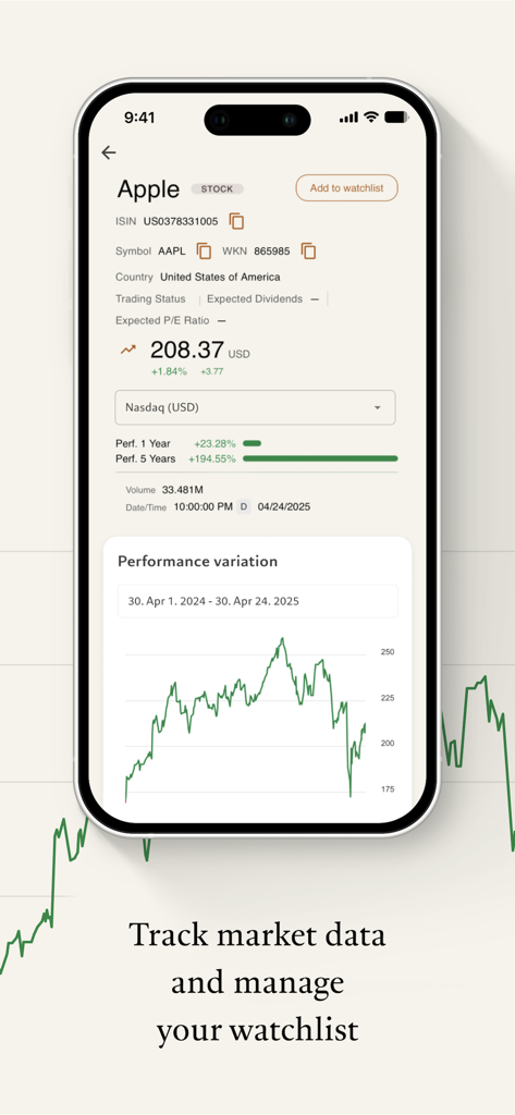 Pictet Wealth - Pictet Wealth mobile app showing Apple stock details with real time price performance chart and watchlist management feature.