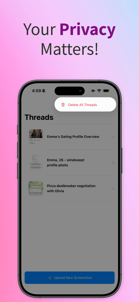 Rizzler AI: Texting Wingman - Interface of Rizzler AI app showing saved conversation threads and a privacy focus with a delete option.