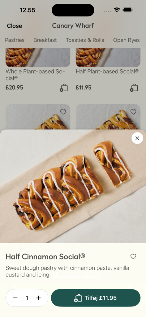 Écran produit de l'application Ole and Steen pour une pâtisserie Half Cinnamon Social