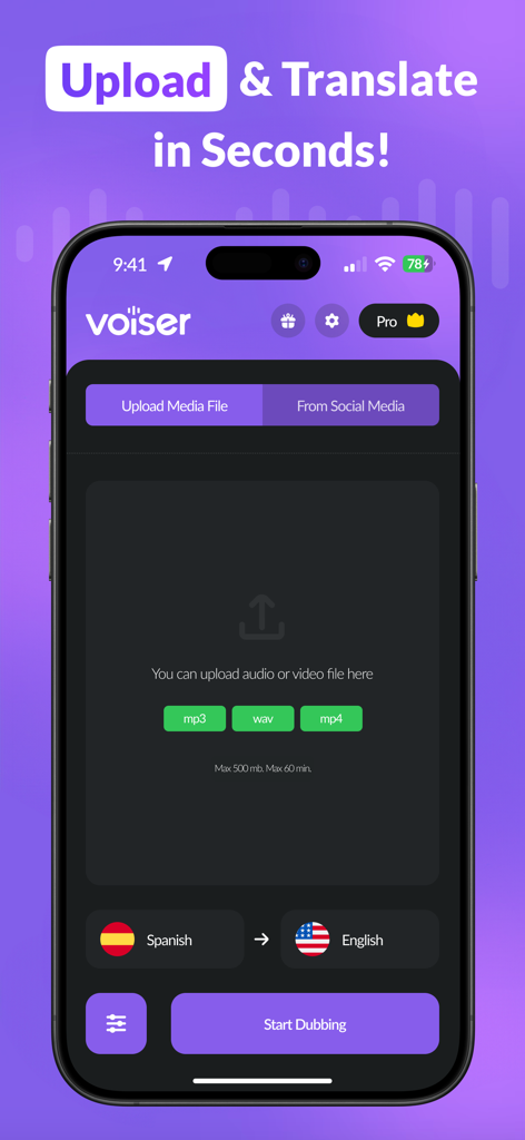 AI Dubbing & Video Translator - Tela de upload do aplicativo Voiser para traduzir e dublar arquivos de vídeo ou áudio