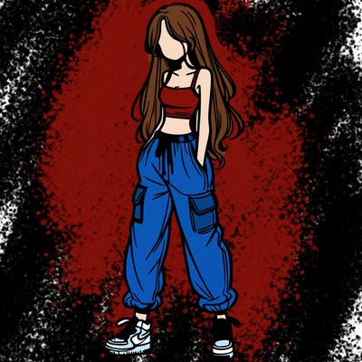 girl in baggy pants crop top and long hair