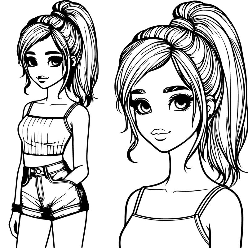 realistic teen girl with short high pony and jean shorts