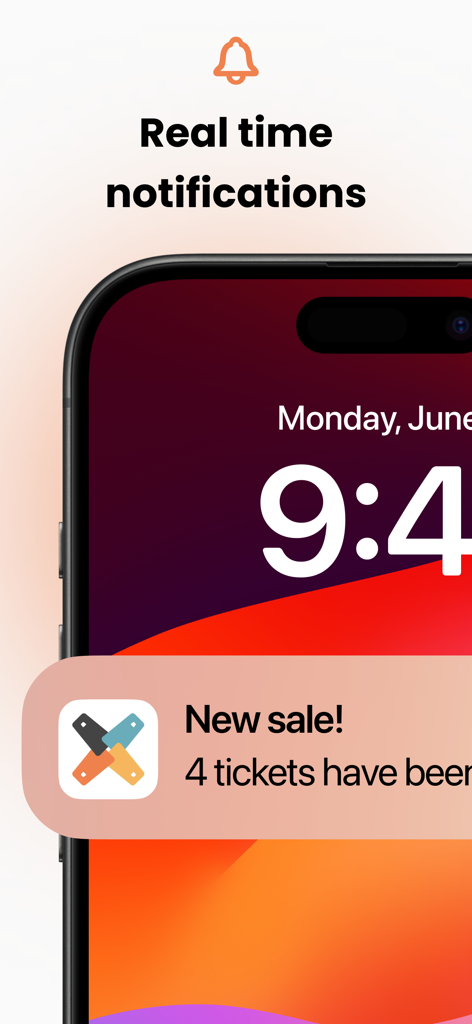 Talonarium - Una pantalla de smartphone mostrando una notificación en tiempo real de una nueva venta de cuatro entradas en la aplicación Talonarium.