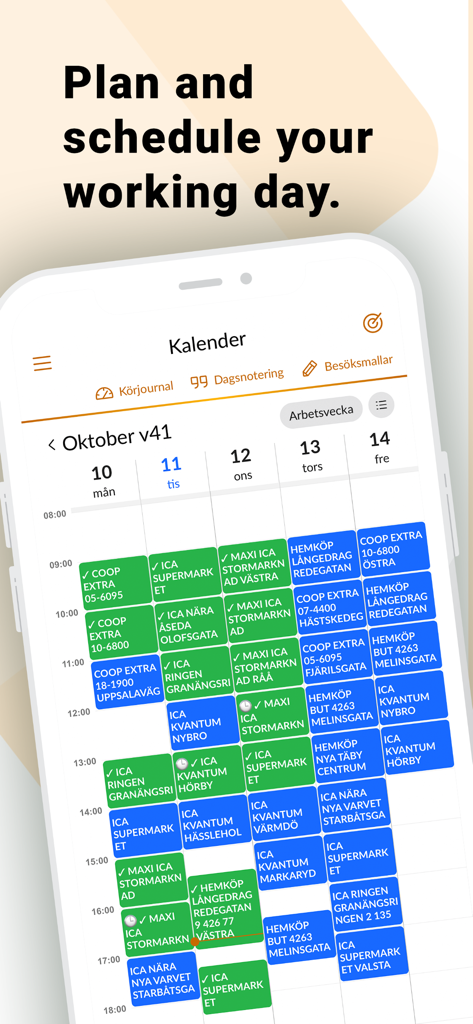 A weekly calendar view in the Genero Sales app for planning and scheduling field sales store visits
